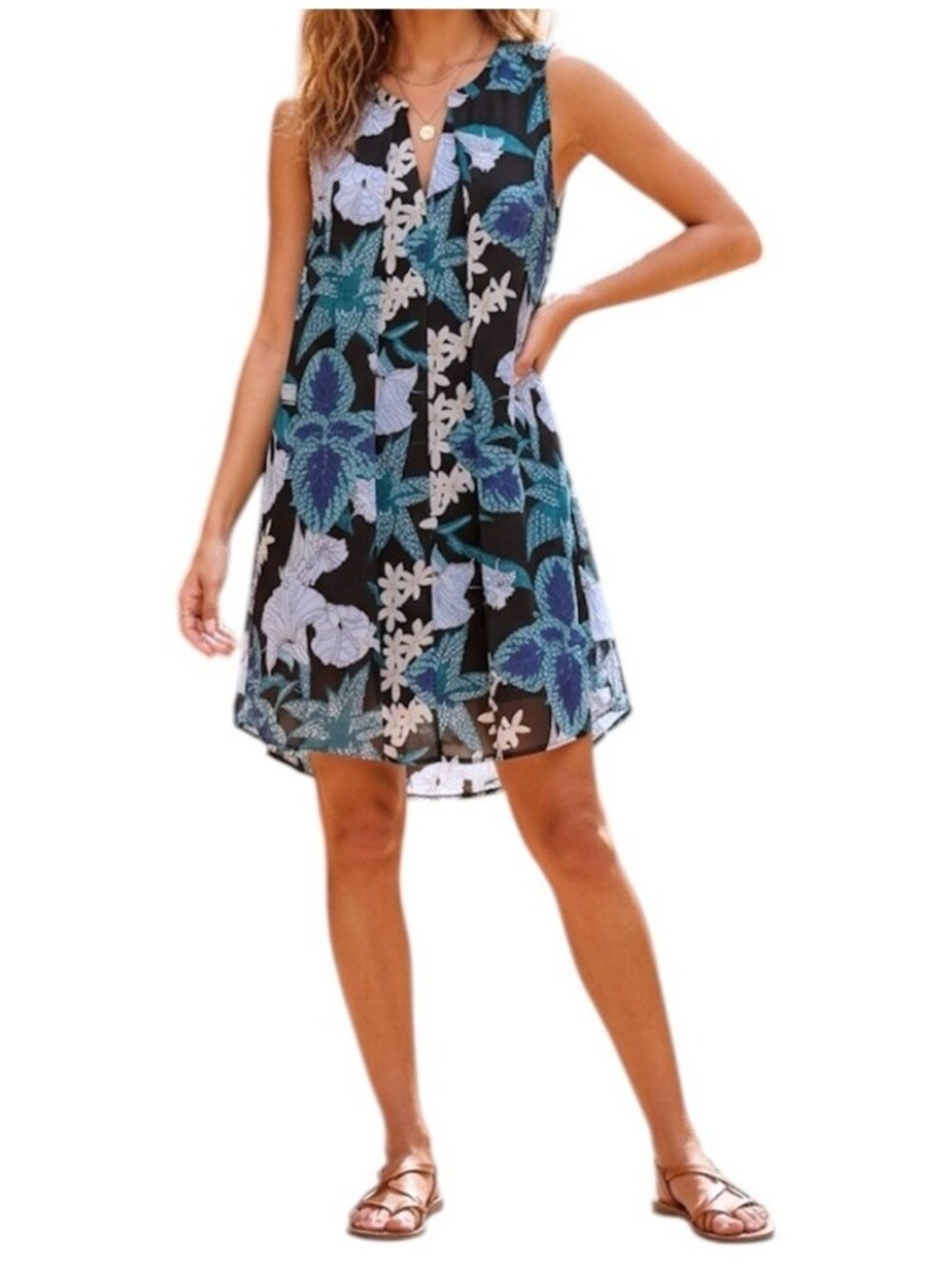 Umgee Blue Floral Boho Cottage Chic Sleeveless V-Neck Shift Dress Size Small
